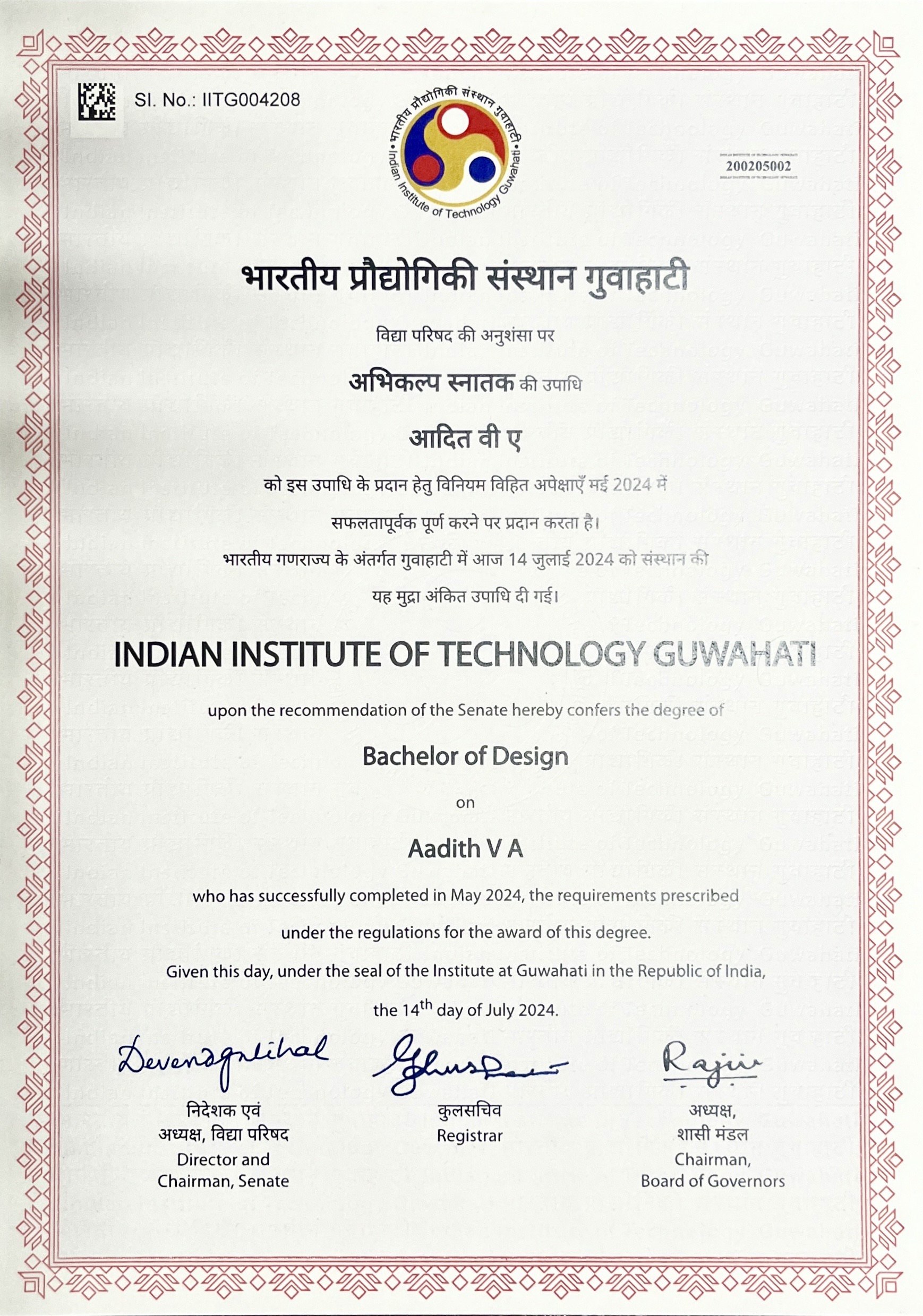Original Bachelor of Design certificate issued to Aadith V A by IIT Guwahati